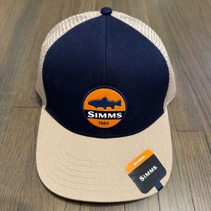 NWT Simms fishing trout fish patch tan beige navy blue orange trucker hat cap